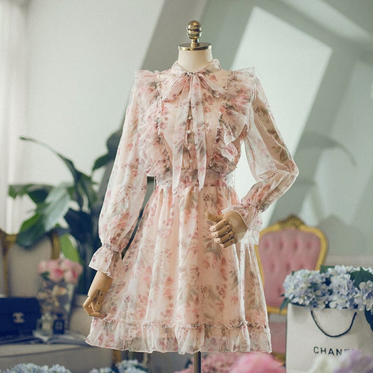 Floral Print Bow Sweet Ruffle Dress Chiffon Women Casual Lace Up Elegant Mini Dress Waisted Buttons Fairy Maiden Summer Vestidos - LiveTrendsX