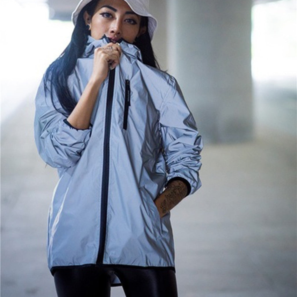 Long Sleeved Reflective jacket men / women harajuku windbreaker jackets hooded hip-hop streetwear night shiny zipper coats - LiveTrendsX