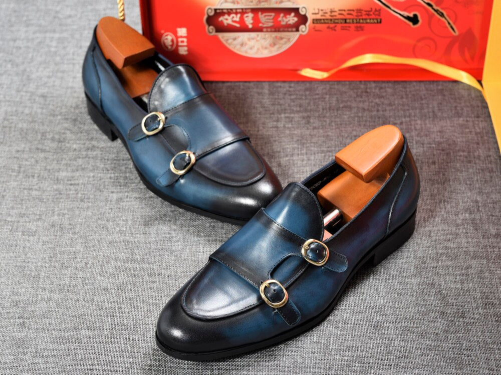 Genuine Leather Mens Casual Shoes Brown Blue Color Office Business Oxford  Double Buckle Strap Italy Style Shoe - LiveTrendsX