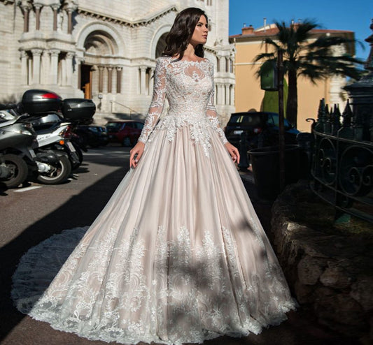 Custom Made Long Sleeve Pearls Appliques A-line Wedding Dresses  Bruidsjurken Princess Bridal Gowns - LiveTrendsX