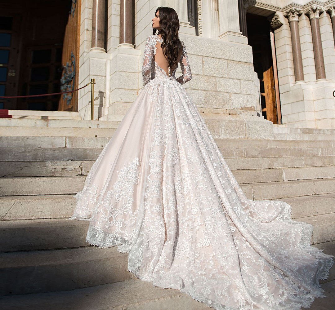 Custom Made Long Sleeve Pearls Appliques A-line Wedding Dresses  Bruidsjurken Princess Bridal Gowns - LiveTrendsX