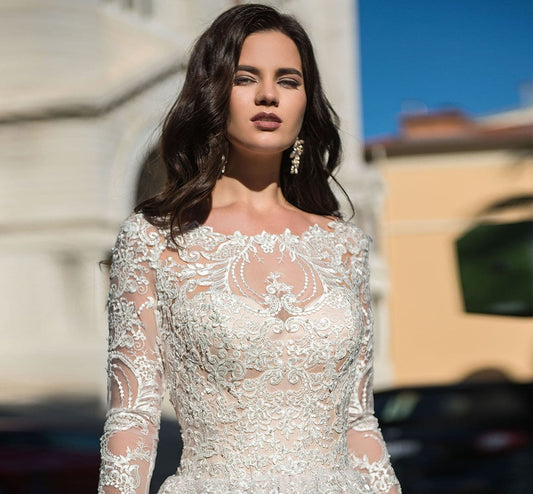 Custom Made Long Sleeve Pearls Appliques A-line Wedding Dresses  Bruidsjurken Princess Bridal Gowns - LiveTrendsX