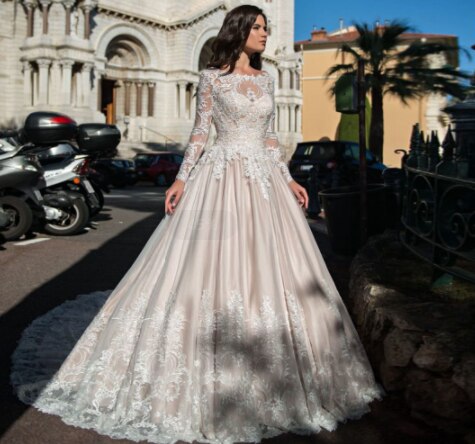 Custom Made Long Sleeve Pearls Appliques A-line Wedding Dresses  Bruidsjurken Princess Bridal Gowns - LiveTrendsX