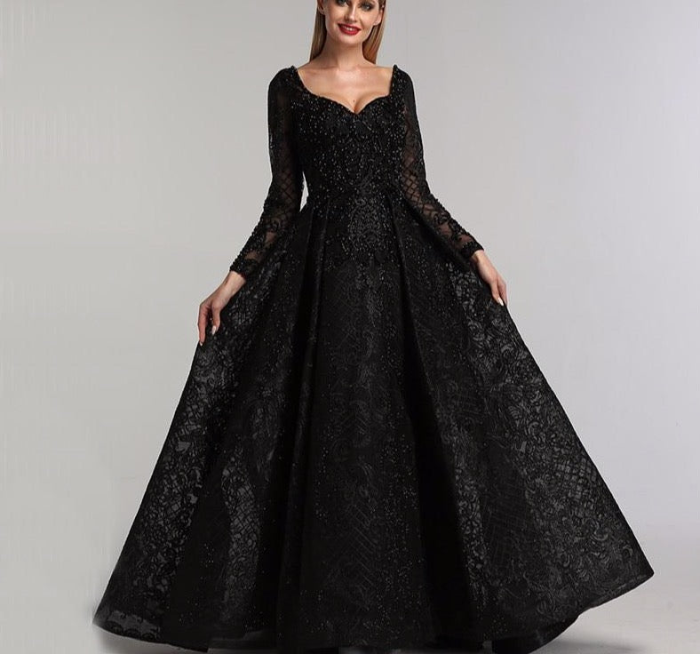 Grey Black Long Sleeves V-Neck Evening Dresses 2020 Real Photo Luxury Sexy Diamond Dubai Formal Dress - LiveTrendsX