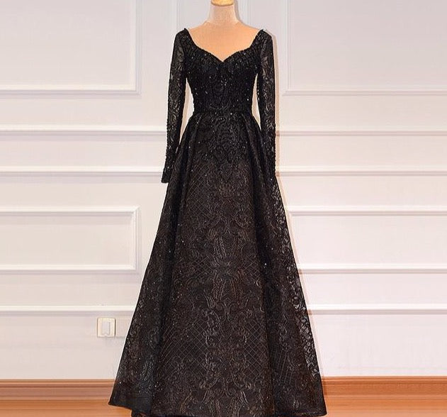 Grey Black Long Sleeves V-Neck Evening Dresses 2020 Real Photo Luxury Sexy Diamond Dubai Formal Dress - LiveTrendsX
