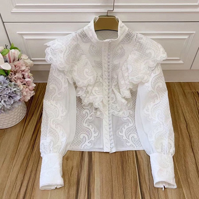 Lace Ruffled Shirt Female Turtleneck Long Lantern Sleeve White Shirt Jacket Ladies 2020 Spring Ol New Clothes - LiveTrendsX
