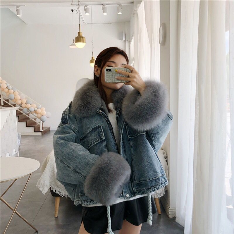 winter velvet thick denim jacket female big fur collar Korean locomotive lamb coat female student short coat XXXL 4XL - LiveTrendsX
