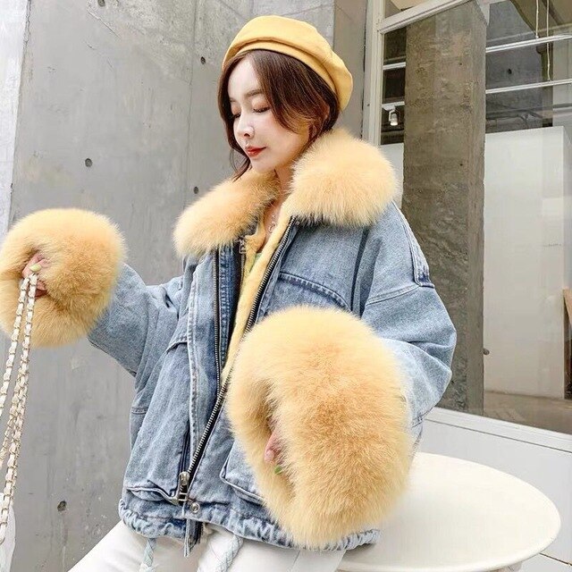 winter velvet thick denim jacket female big fur collar Korean locomotive lamb coat female student short coat XXXL 4XL - LiveTrendsX