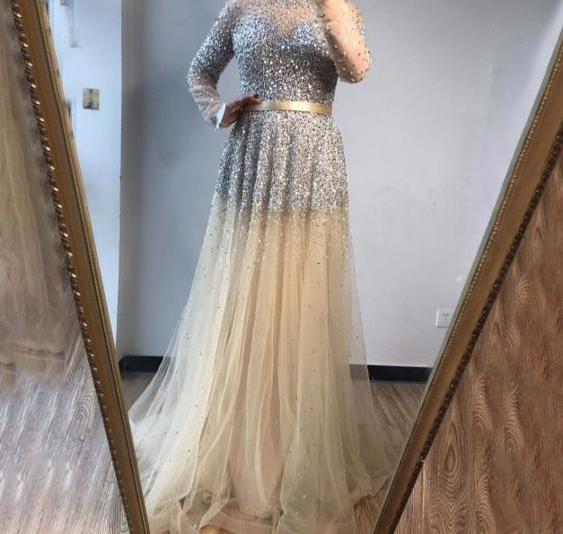 Latest Design Pink High Collar Evening Dress 2020 Long Sleeves Sequined Sexy Formal Party Gown - LiveTrendsX