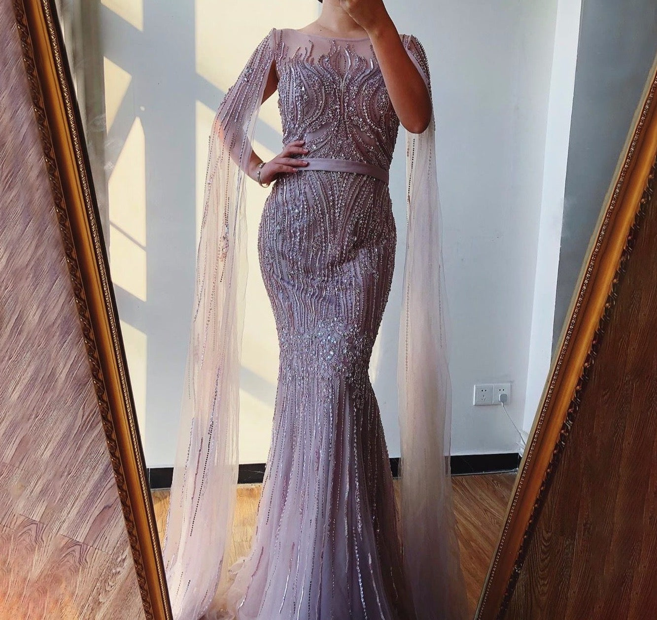 Pink Luxury Long Sleeves Evening Gown With Cape 2020 Mermaid Beadings Sexy Fromal Party Wear Gown - LiveTrendsX