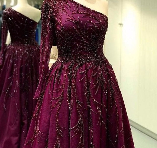 Dubai Design Wine Red A-Line Prom Dresses One-Shoulder Sexy Luxury Prom Gowns 2020 - LiveTrendsX