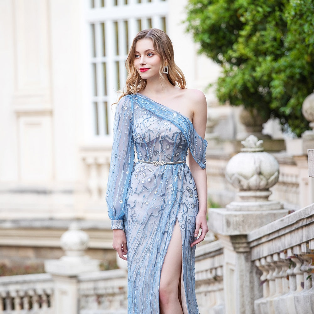 Fashion Blue One Shoulder Evening Dress Long Sleeve Embroidered Rhinestones Evening Gown Competition Slit Left - LiveTrendsX