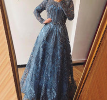 Load image into Gallery viewer, Dubai Luxury Long Sleeves Evening Dress 2020 Navy Blue O-Neck Crystal Formal Party Gown Design Plus Size - LiveTrendsX
