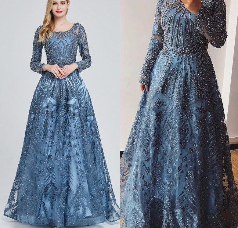 Dubai Luxury Long Sleeves Evening Dress 2020 Navy Blue O-Neck Crystal Formal Party Gown Design Plus Size - LiveTrendsX