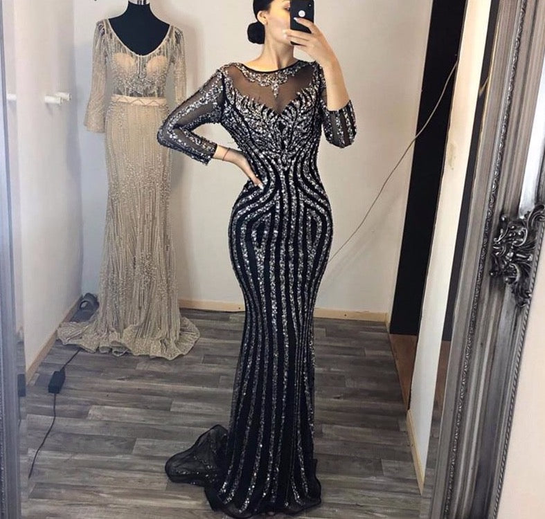 Black Long Sleeves Mermaid Evening Dress 2020 Sparkling Crystal Beadings Sexy Formal Party Gown - LiveTrendsX