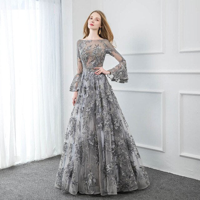 Gray Lace Long Sleeve Evening Dresses Embroidered Crystals Beaded Formal Party Dress Women Evening Gown Plus Size - LiveTrendsX