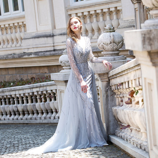 Luxury Silver Long Sleeve Evening Dresses 2020 Deep V Neck Tulle Diamonds Beaded Dress Party Evening Gown - LiveTrendsX