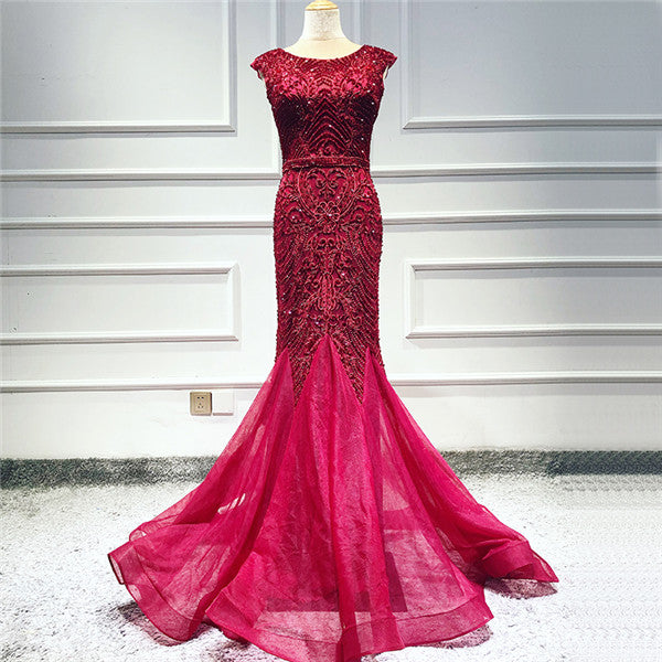 Wine Red Dubai Crystal O-Neck Evening Dresses  Latest Design Mermaid Sleeveless Formal Dress - LiveTrendsX