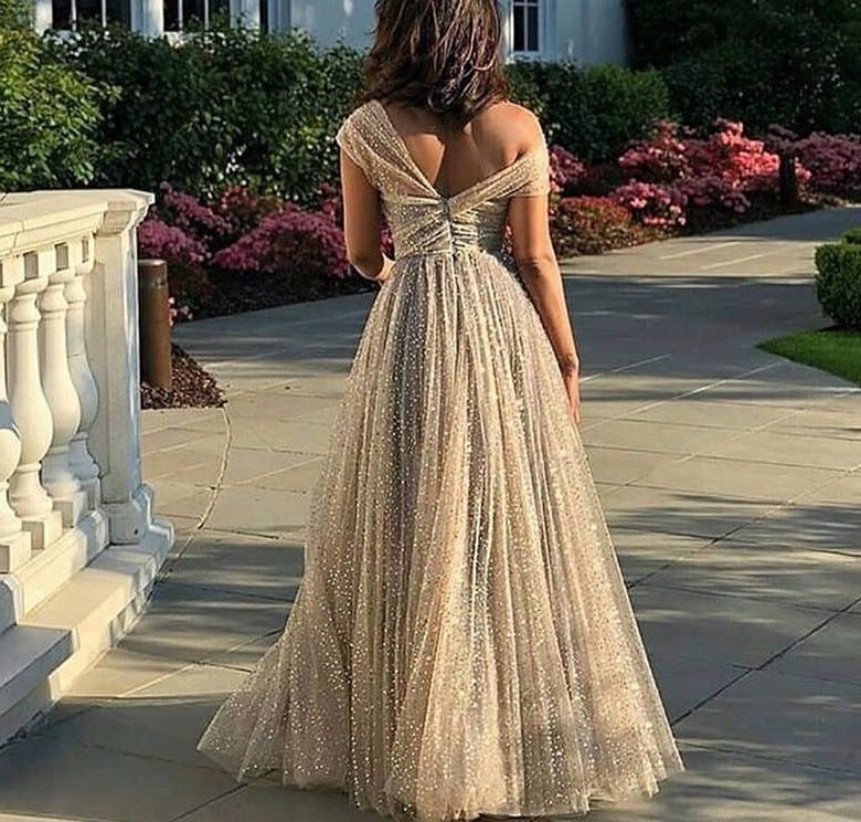 Gold One Shoulder Sexy Evening Dresses A-Line Design 2020 Sequined Sparkle Formal Gowns - LiveTrendsX
