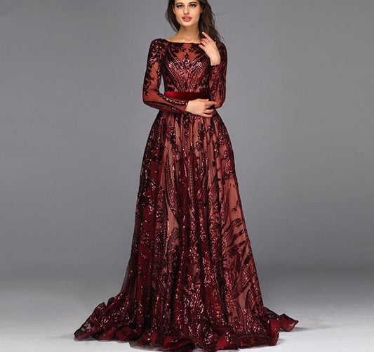Muslim Wine Red A-Line Luxury Evening Dresses 2020 Vintage Long Sleeve Sequined Sparkle Evening Gowns Real Photo - LiveTrendsX