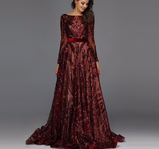 Muslim Wine Red A-Line Luxury Evening Dresses 2020 Vintage Long Sleeve Sequined Sparkle Evening Gowns Real Photo - LiveTrendsX