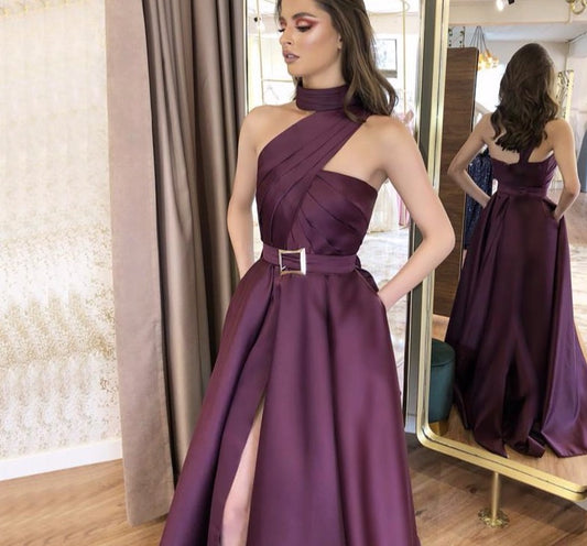 Purple One Shoulder Sexy Satin Evening Dresses 2020 High Neck Ruched Simple Evening Gowns Long - LiveTrendsX