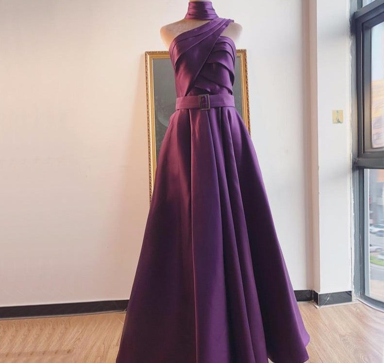 Purple One Shoulder Sexy Satin Evening Dresses 2020 High Neck Ruched Simple Evening Gowns Long - LiveTrendsX