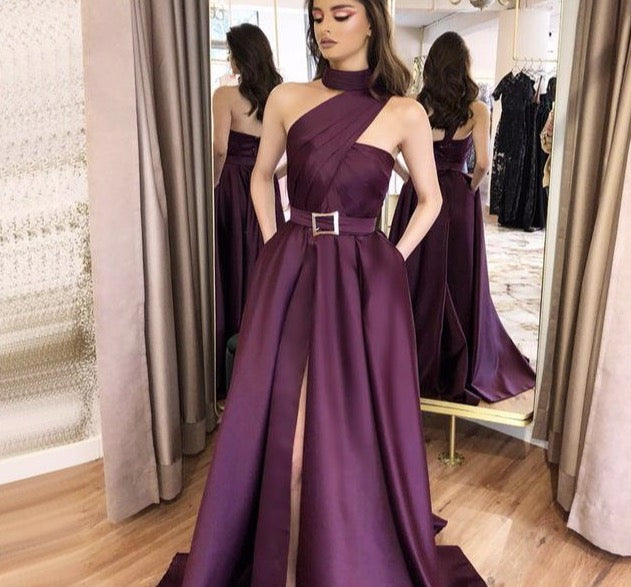 Purple One Shoulder Sexy Satin Evening Dresses 2020 High Neck Ruched Simple Evening Gowns Long - LiveTrendsX