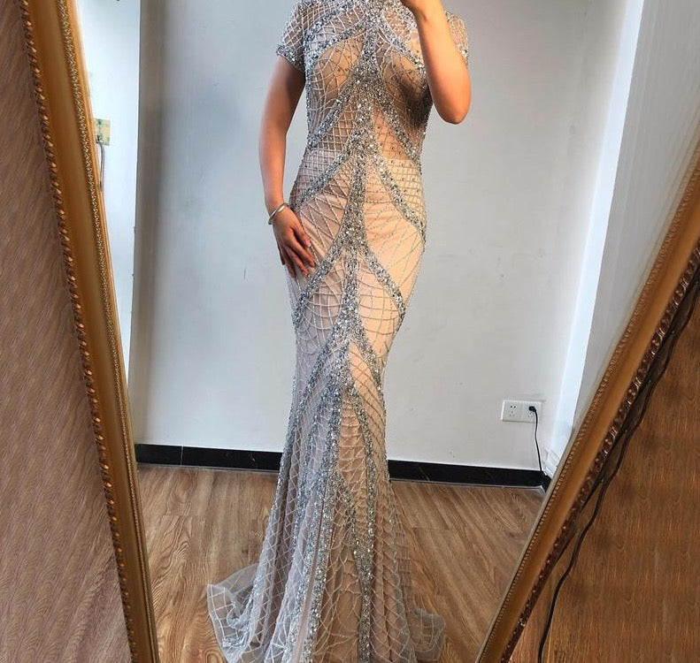 Champagne Mermaid Short Sleeves Evening Dresses 2020 Dubai Luxury Sequined Evening Gowns Design - LiveTrendsX