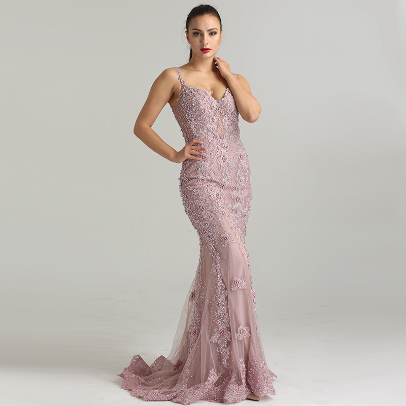 Pink Sexy Elegant Evening Dress 2020 Lace Pearls Diamond Mermaid Formal Party Gown - LiveTrendsX