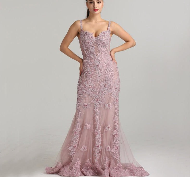 Pink Sexy Elegant Evening Dress 2020 Lace Pearls Diamond Mermaid Formal Party Gown - LiveTrendsX