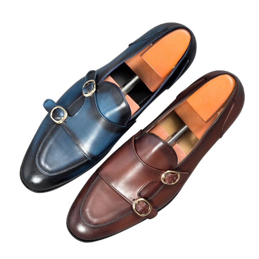 Genuine Leather Mens Casual Shoes Brown Blue Color Office Business Oxford  Double Buckle Strap Italy Style Shoe - LiveTrendsX