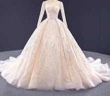 Load image into Gallery viewer, Champagne Sequin Beading O-Neck Wedding Dresses 2020 Long Sleeves Lace Up Long Train Bridal Gowns  Cusotm Made - LiveTrendsX
