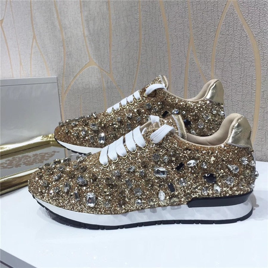 rhinestone flat shoes woman sneakers lace up shoes fashion crystal paillette casual shoes woman zapatos de mujer - LiveTrendsX