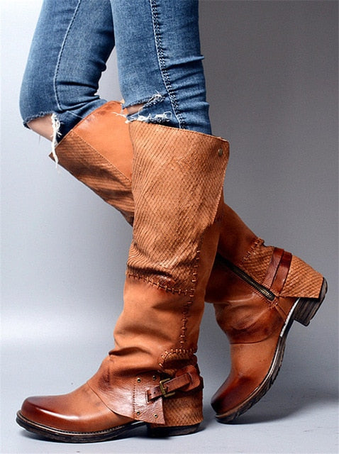 Women Knee High Boots Vinatge Winter Long Boots Genuine Leather Flat Riding Shoes Woman Platform Botas Militares - LiveTrendsX