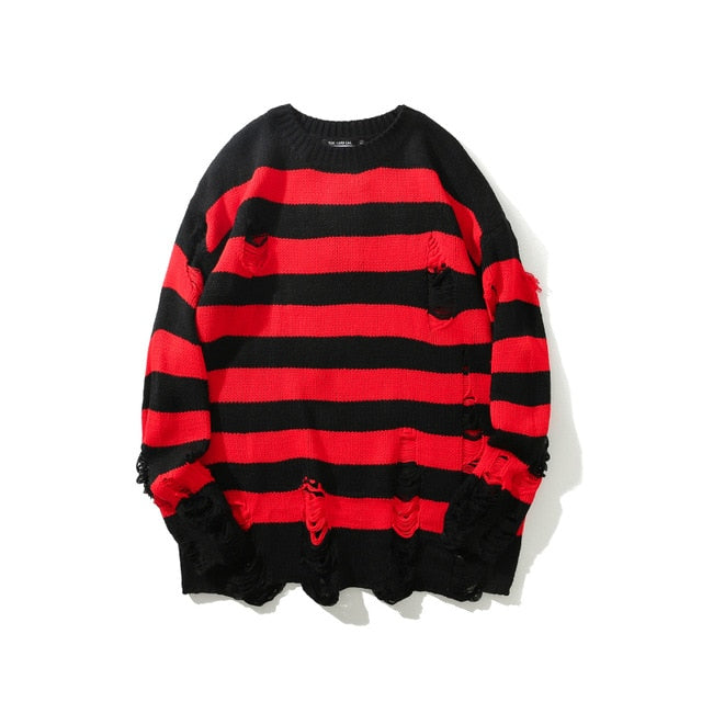 Black Red Striped Sweaters Washed Destroyed Ripped Sweater Men Hole Knit Jumpers Men Women Oversized Sweater Harajuku - LiveTrendsX