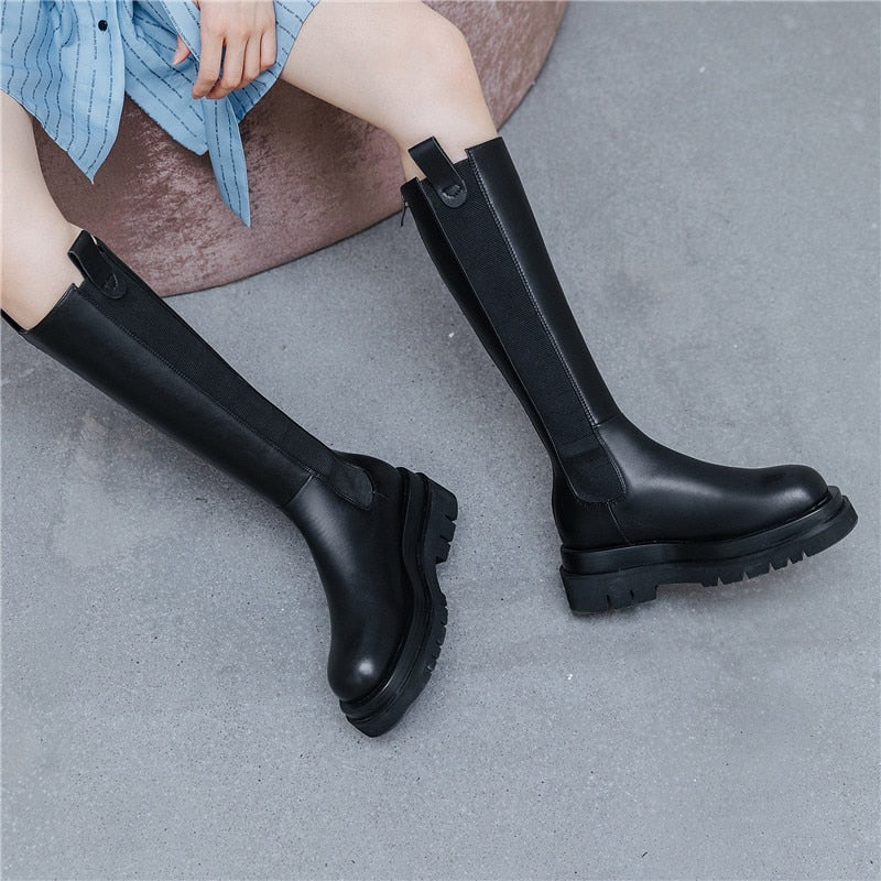 boots women Genuine Leather Thick Bottom boots Rear zipper Flat women boots party boots Fashion The knee boots - LiveTrendsX