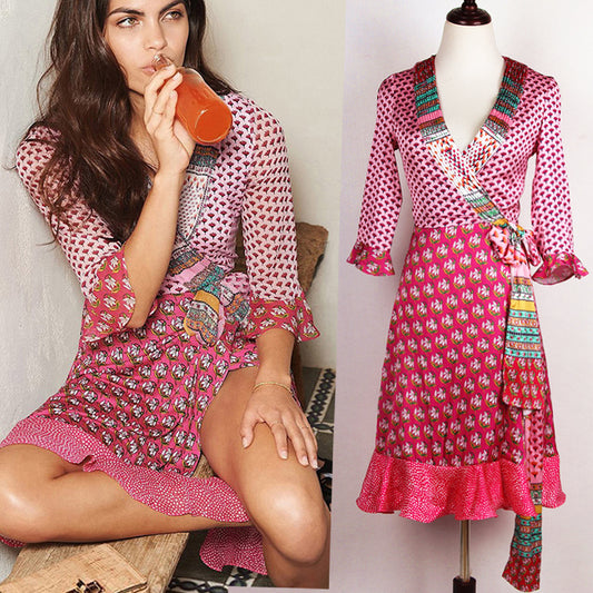 Popular Pajamas Style Printing Folds Lace Sexy V Neck Women Dress