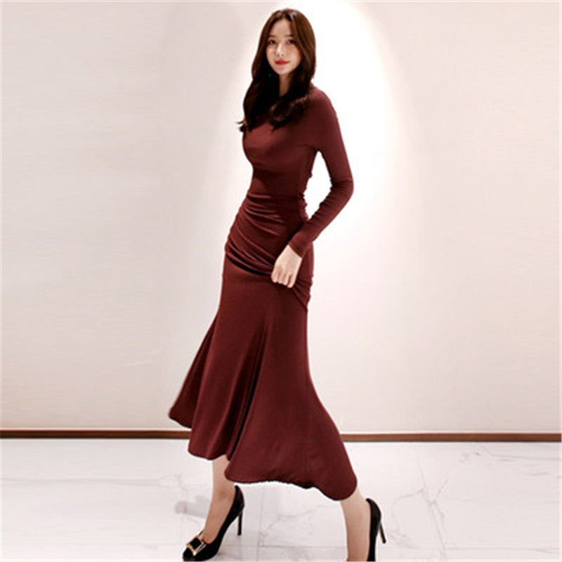 autumn and winter new Korean version of the O-neck fashion waist pleated temperament goddess fan fishtail dress long dress - LiveTrendsX