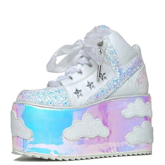 High Platform Cloud Sneakers Wedges Bling Bling Spice Girl Shoes Sky Platform Sneakers Laces High Heel Shoes Casual Street Shoes - LiveTrendsX