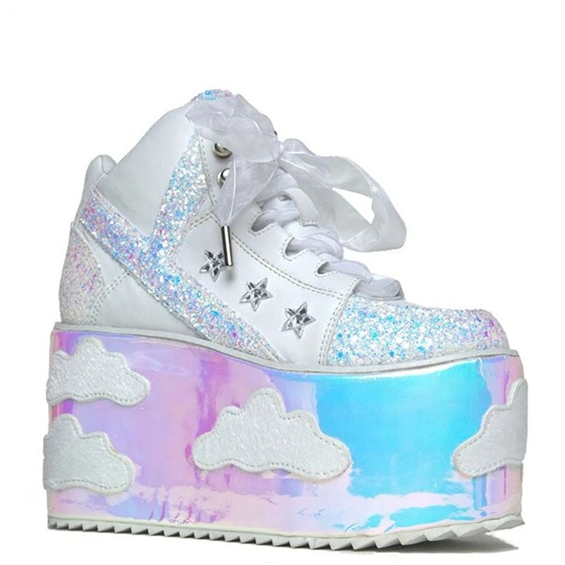 High Platform Cloud Sneakers Wedges Bling Bling Spice Girl Shoes Sky Platform Sneakers Laces High Heel Shoes Casual Street Shoes - LiveTrendsX