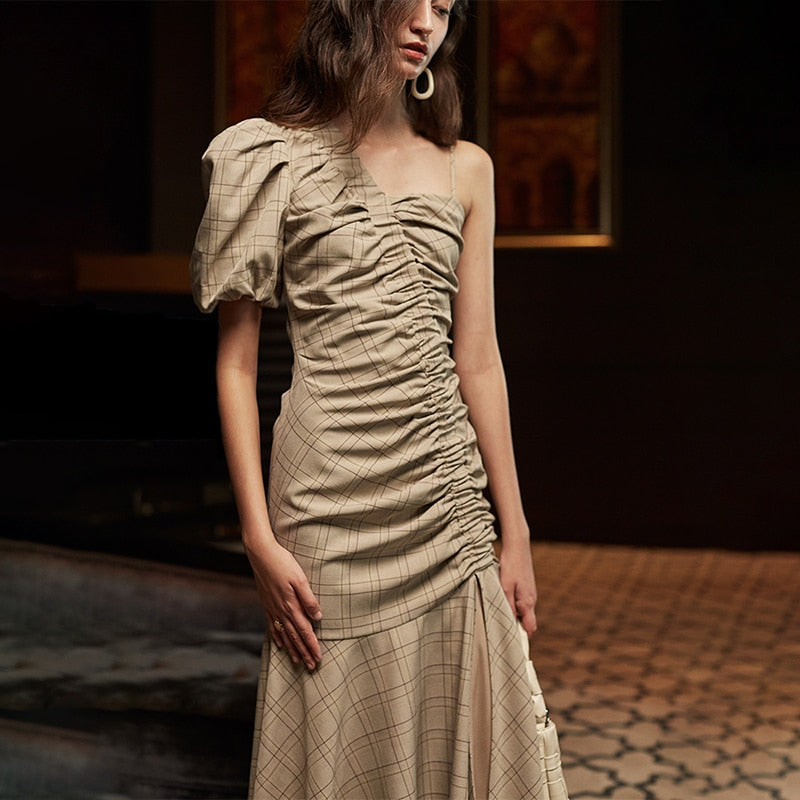 Asymmetrical Patchwork Plaid Ruched Dress For Women Puff Sleeve Irregular Hem Elegant Dresses Female 2020 Summer - LiveTrendsX