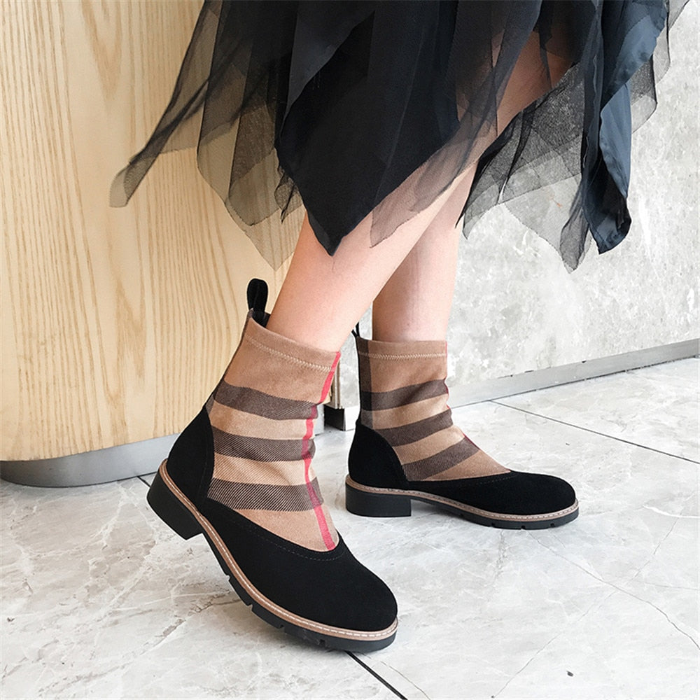 Women Ankle Boots Kid Suede Low Heels 3.5 cm Non Slip Spring Patchwork Platform Striped Lattice Black Female Winter - LiveTrendsX