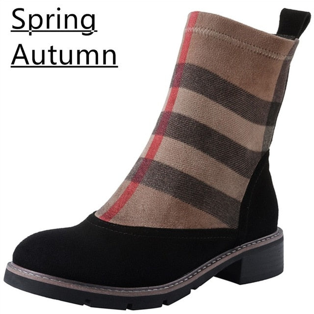 Women Ankle Boots Kid Suede Low Heels 3.5 cm Non Slip Spring Patchwork Platform Striped Lattice Black Female Winter - LiveTrendsX