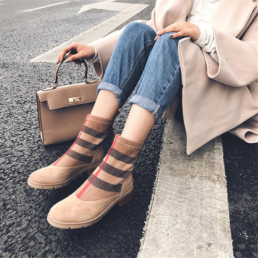Women Ankle Boots Kid Suede Low Heels 3.5 cm Non Slip Spring Patchwork Platform Striped Lattice Black Female Winter - LiveTrendsX