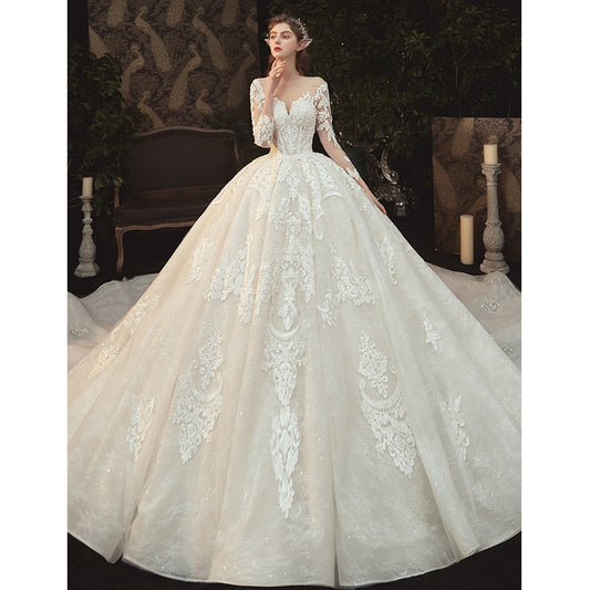 Beading Pearls Appliques Lace Illusion Princess Ball Gown Wedding Dress With Long Sleeve - LiveTrendsX