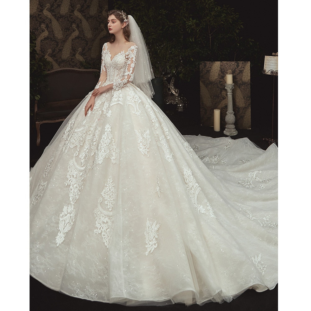 Beading Pearls Appliques Lace Illusion Princess Ball Gown Wedding Dress With Long Sleeve - LiveTrendsX