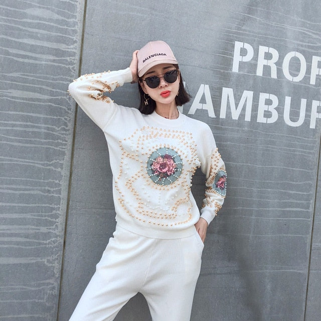 Autumn Winter New Fashion Tracksuit Women 2 piece set Beaded Embroidery Long Sleeve Sweater Casual Long Pants Female Knitted Set - LiveTrendsX
