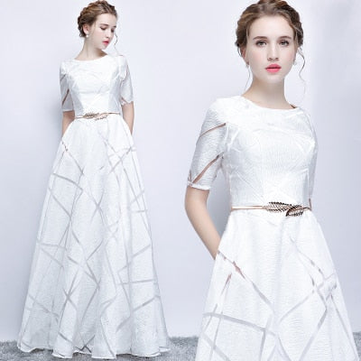 Half Sleeves white Long Evening Dresses  lacing Vintage Lace Top Cheap Prom Dresses - LiveTrendsX