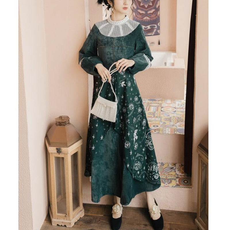 autumn and winter new retro elegant embroidered stitching stand-up collar was thin temperament long-sleeved dress - LiveTrendsX